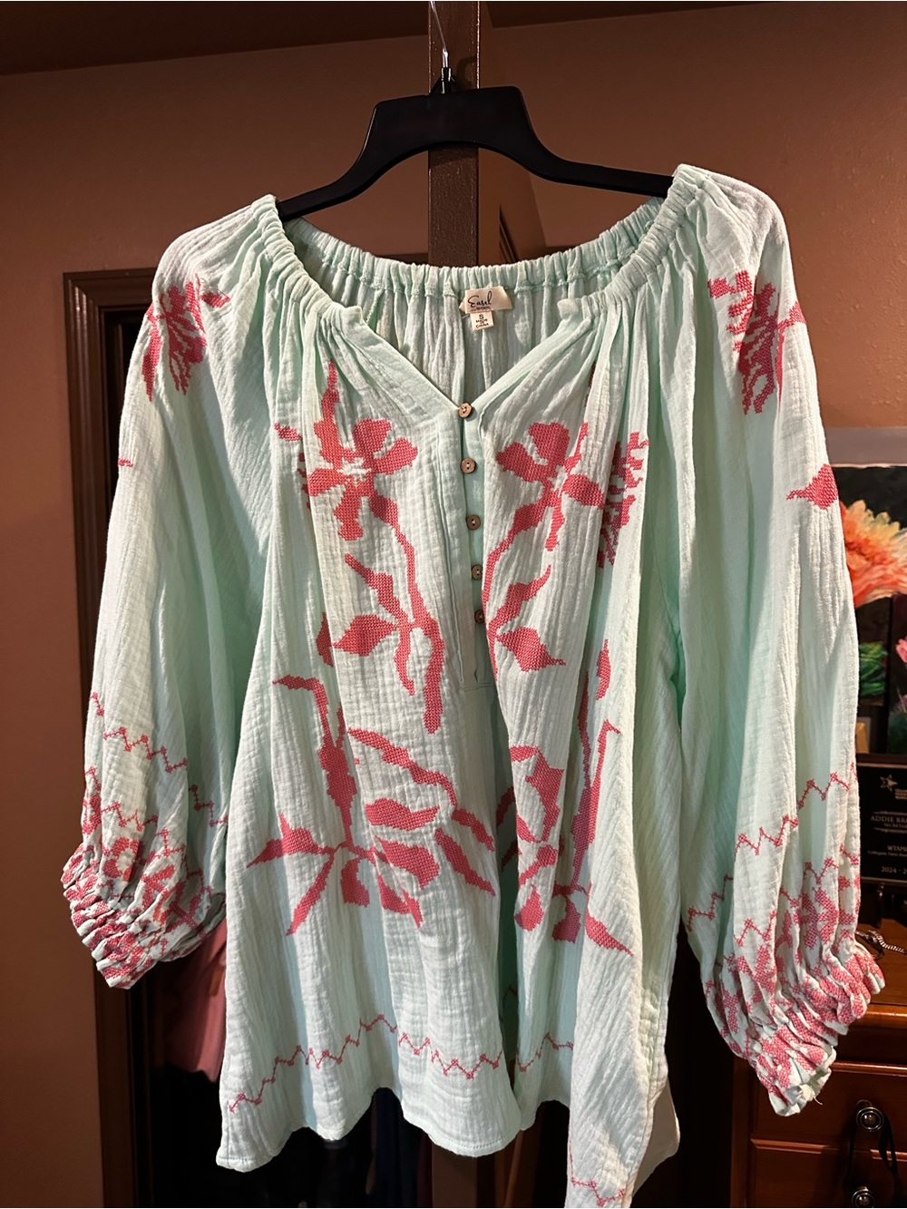Soft Mint Peasant Blouse with Pink Floral Embroidery - Easel Brand